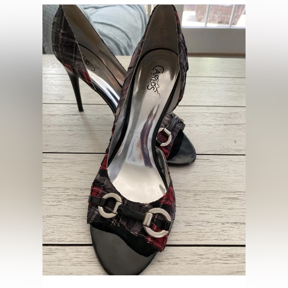 Carlos Santana black and red plaid peep toe shoes